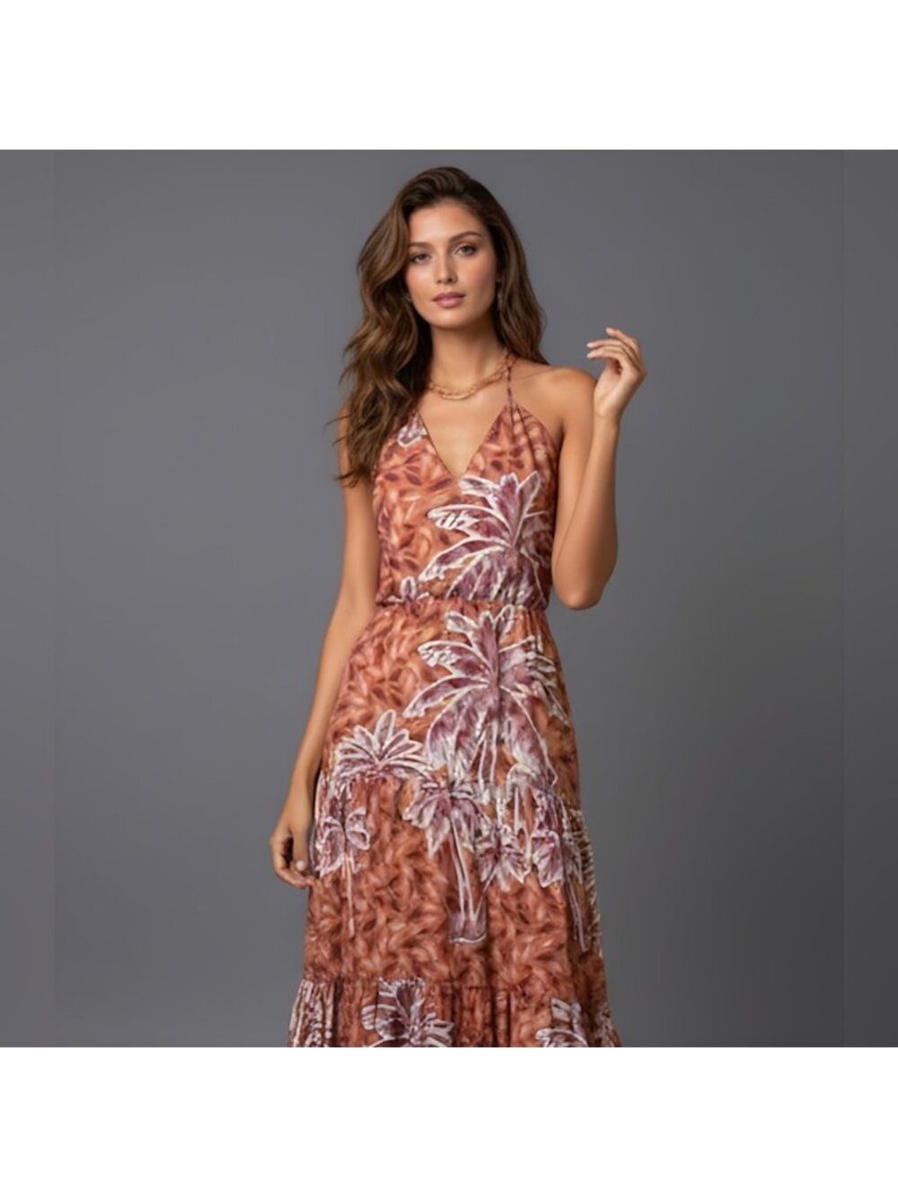 Tropical Print Ruffle Hem Tie Back Halter Dress - Picture 4 of 10